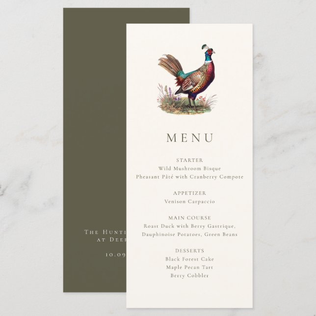 Menu Jantar Elegante de Caça ao Faisão no Outono (Frente/Verso)