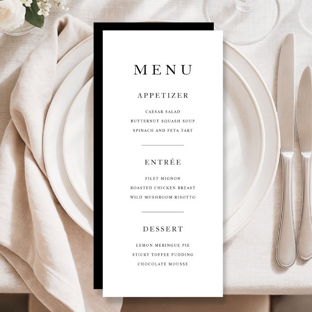 Menu Jantar Elegante Minimalista Preto e Branco (Elegant Minimal Black And White Dinner Menu)