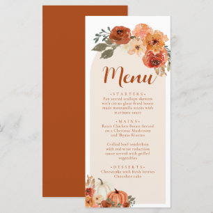Menu Jantar Floral de Outono em Aquarela com Abóbora Rú