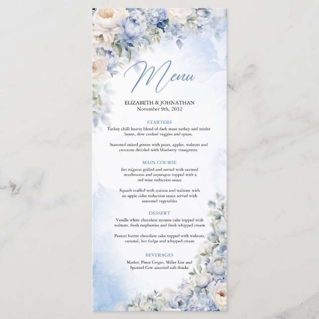 Menu Janto Boho Elegant Dusty Blue e Ivory Flowers (Frente)
