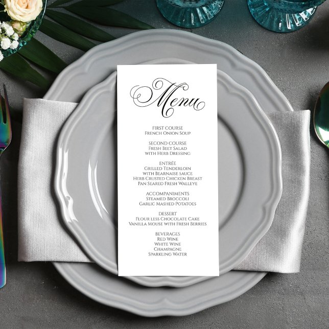 Menu Janto Caligrafia de Casamento Negro e Branco (Elegant calligraphy script wedding reception menu card. )