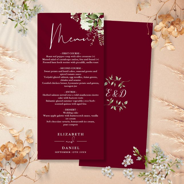Menu Janto Casado Burgundy Greenery Monograma (Burgundy Greenery Monogram Wedding Dinner Menu)