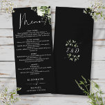 Menu Janto Casado De Monograma De Verde Branco E Preto<br><div class="desc">Este elegante verde botânico floral preto e branco deixa o menu de casamento pode ser personalizado com suas informações em tipografia quic com suas iniciais de monograma no verso. Projetado por Thisnotme©</div>
