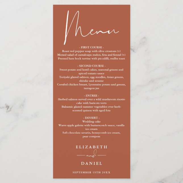 Menu Janto Casado de Terracotta, Script Moderno Elegant (Frente)