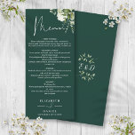 Menu Janto Casado Emerald Floral Greenery Monograma<br><div class="desc">Este elegante e esmeraldo verde botânico floral deixa o menu de casamento pode ser personalizado com suas informações em tipografia quic com suas iniciais de monograma no verso. Projetado por Thisnotme©</div>