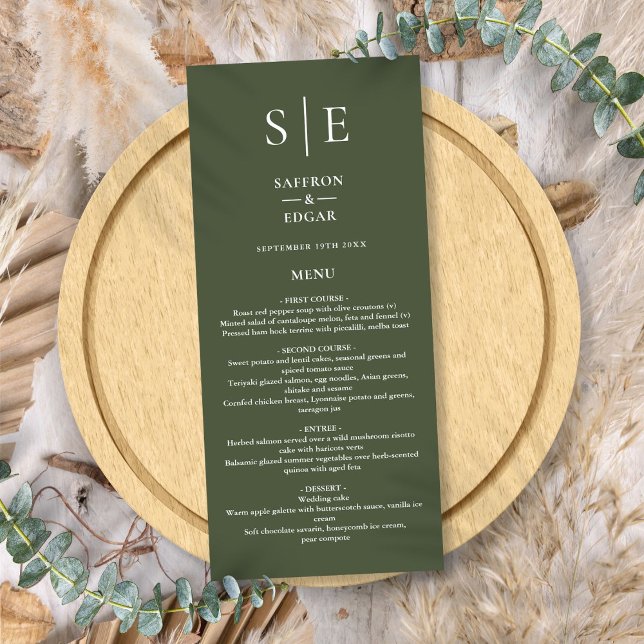 Menu Janto Casal do Monograma Verde-Oliva (Olive Green Monogram Wedding Dinner Menu)