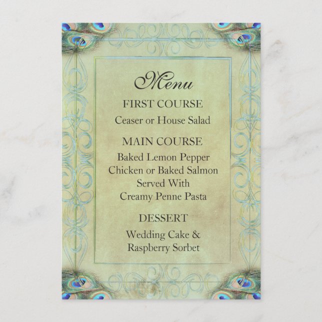 Menu Janto Casamento de Peacock Vintage (Frente)