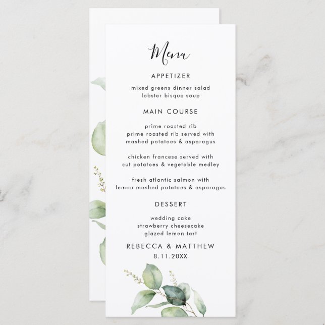 Menu Janto Casamento de Script Watercolor Eucalyptus (Frente/Verso)
