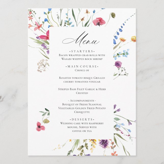 Menu Janto Casamento Elegante Watercolor Flores Selvage (Frente)