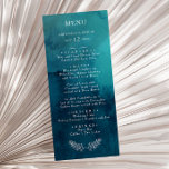 Menu Janto Casamento Moody Ocean Watercolor<br><div class="desc">Este moody cardápio de janto de casamento de aquarelas do oceano é perfeito para o seu simples casamento de boho tropical. Ele é projetado com folhas tropicais brancas minimalistas e um impressionante fundo azul-esverdeado.</div>