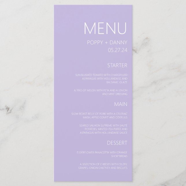 Menu Janto Casamento Púrpura de Pastel Moderno (Frente)