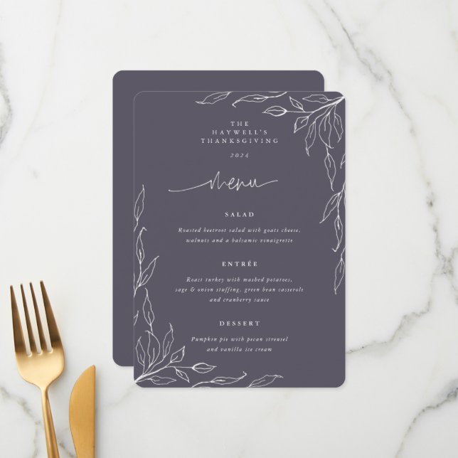 Menu Janto de Ação de Graças Dusty Purple Leaf Motif (Frente/Verso In Situ)