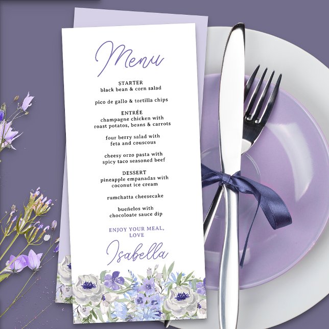 Menu Janto de Borda Floral de Lavanda Roxa (Menu with editable courses and food items, from the purple peri floral collection)
