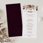Menu Janto de Caligrafia Rustic Summer Floral<br><div class="desc">Este cartão de janto de caligrafia floral é perfeito para um casamento simples. A design apresenta flores de aquarela,  cor-de-rosa e borbulhante,  com folhas verdes em fundo castanho manchado. Este menu pode ser usado para recepção de casamento,  janto de ensaio,  chá de panela ou qualquer evento.</div>