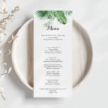 Menu Janto de Caligrafia Tropical de Destino<br><div class="desc">Este cartão de janto para caligrafia tropical é perfeito para um casamento moderno. A design apresenta palma verde de cor d'água pintada à mão e folhas de bananeira bem organizadas em belos buquês. Este menu pode ser usado para recepção de casamento, janto de ensaio, chá de panela ou qualquer evento....</div>