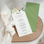 Menu Janto de Caligrafia Verde Floral Simples<br><div class="desc">Este simples cartão de janto de caligrafia verde floral é perfeito para um casamento tropical. A design apresenta rosas brancos, cor-de-rosa e pincéis pintados à mão, embutidos em folhagem verde, inspiradora beleza artística. Este menu pode ser usado para recepção de casamento, janto de ensaio, chá de panela ou qualquer evento....</div>