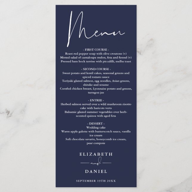Menu Janto de Casamento Azul do Marinho de Script Moder (Frente)