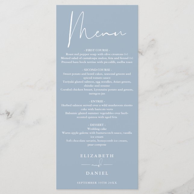 Menu Janto de Casamento Azul Dusty de Script Moderno El (Frente)