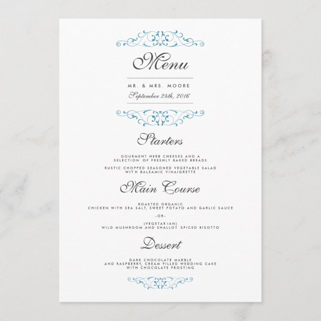 Menu Janto de Casamento Azul Elegante (Frente)