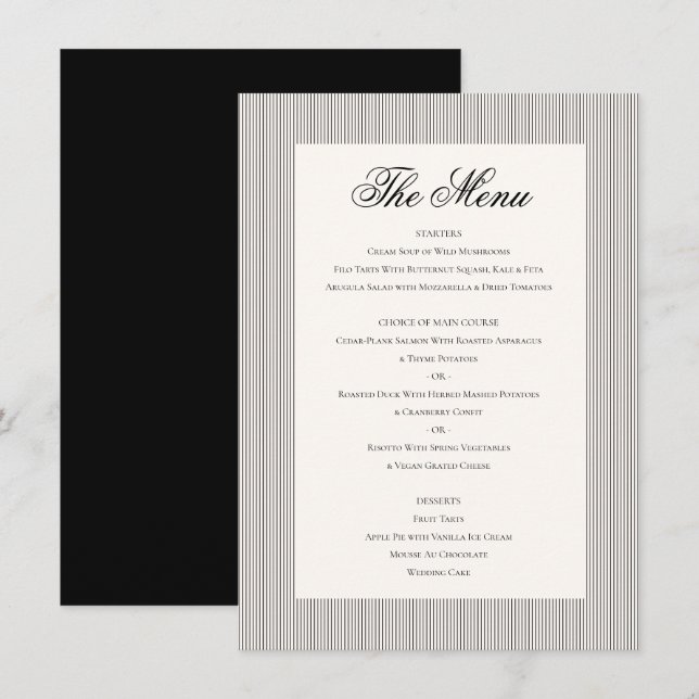Menu Janto de Casamento Branca de Creme Negra Clássica  (Frente/Verso)