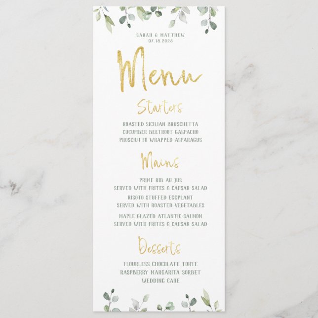 Menu Janto de Casamento Clássico da Caligrafia Dourada (Frente)