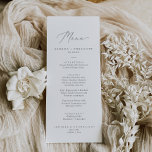 Menu Janto de Casamento da Caligrafia de Prata Del<br><div class="desc">Este delicado cartão de janto de casamento da caligrafia prateada é perfeito para um casamento moderno. A design romântica minimalista apresenta uma magnífica e elegante tipografia de cinza prateada num fundo branco com um aspecto simples e limpo. Este menu pode ser usado para recepção de casamento, janto de ensaio ou...</div>