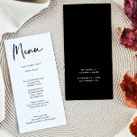 Menu Janto de Casamento da Caligrafia Negra Modern<br><div class="desc">Este moderno cartão de cardápio simples apresenta caligrafia e uma fonte simples para o menu de casamento sobre fundo branco na frente e um backer preto sólido. Perfeito para um casamento moderno, mas clássico, ou outro evento, casamento com um tema preto e branco ou casamento elegante. No verso está espaço...</div>