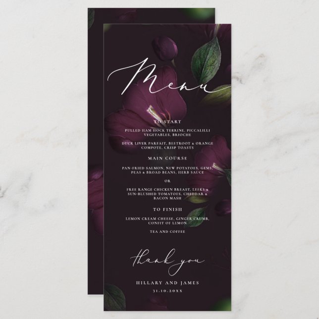 Menu Janto de Casamento da Caligrafia Roxo Moody (Frente/Verso)