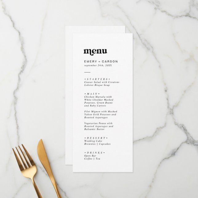 Menu Janto de Casamento da Tipografia Negra Modern (Frente/Verso In Situ)