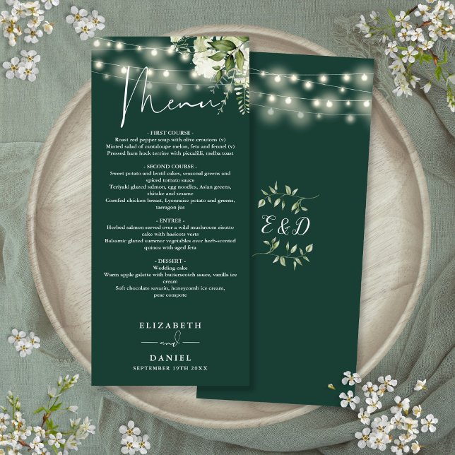 Menu Janto de Casamento das Luzes Florais de Emerald Gr (Emerald Green Floral String Lights Wedding Dinner Menu)