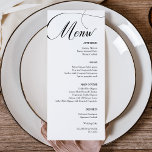 Menu Janto de Casamento de Caligrafia Negra Delicada<br><div class="desc">Comemore seu dia especial com cartões de cardápio de casamento que capturam elegantemente a essência de sua história de amor. Fácil de personalizar e perfeito para qualquer casamento ou evento. Clique no botão "Personalizar" e use nossa ferramenta design para modificar este modelo. Veja a Design de Arte Gráfica para outros...</div>
