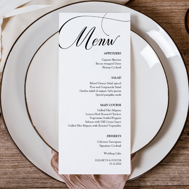 Menu Janto de Casamento de Caligrafia Negra Delicada (Delicate Black Calligraphy Wedding Dinner Menu Card)