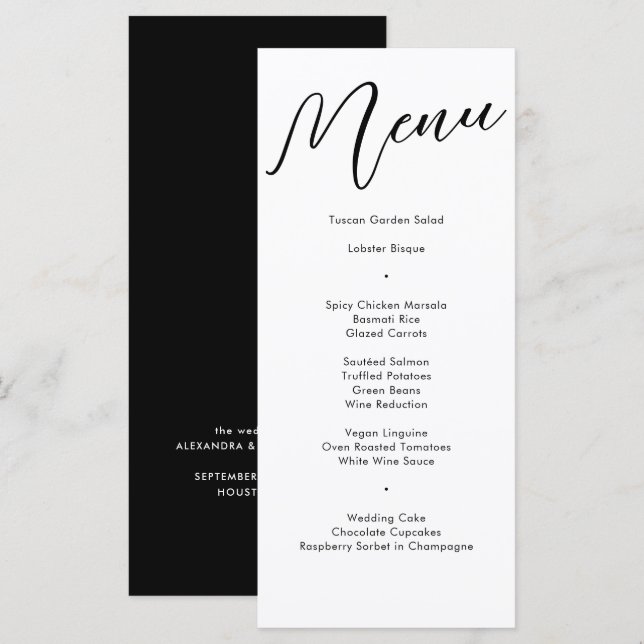 Menu Janto de Casamento de Caligrafia Negra Elegante (Frente/Verso)