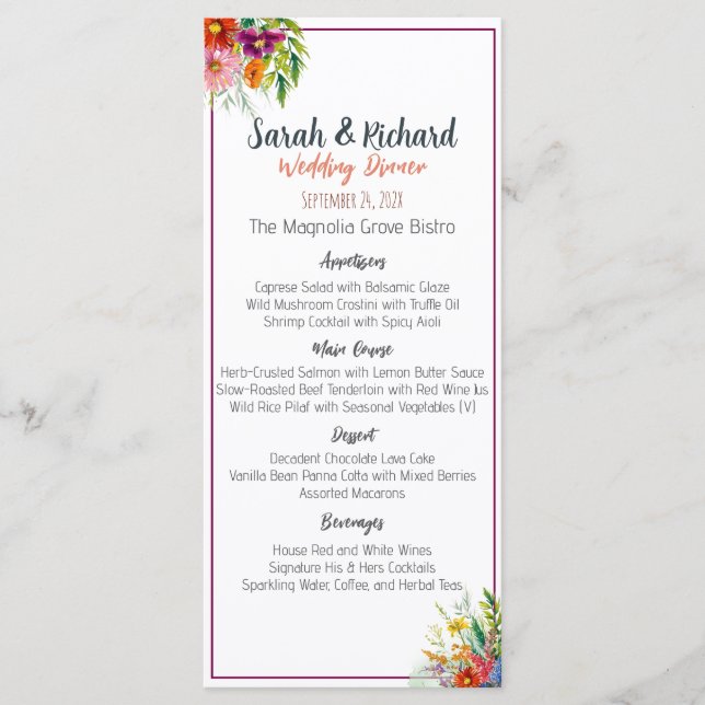 Menu Janto de Casamento de Flores Selvagens (Frente)