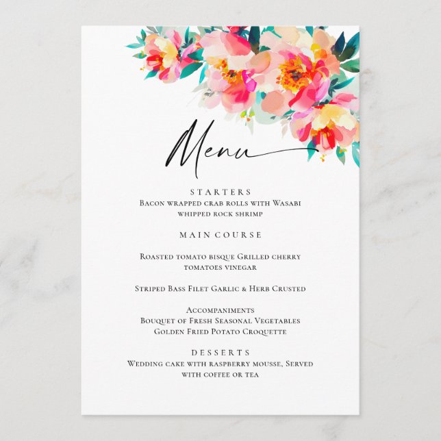 Menu Janto de Casamento de Flores Selvagens de Aquarela (Frente)
