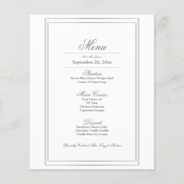 Menu Janto de Casamento de Fronteira de Prata Eleg (Frente)