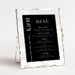 Menu Janto de Casamento de Linha Limpa Negra<br><div class="desc">Lista de menus de janto de casamento legante com linha simples e limpa com o casal inicial do lado. O fundo é preto.</div>