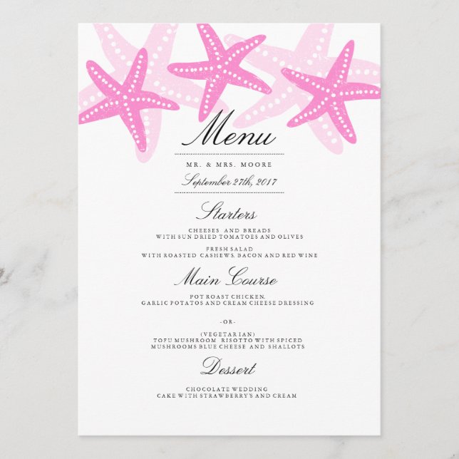 Menu Janto de Casamento de Praia de Starfish Rosa (Frente)