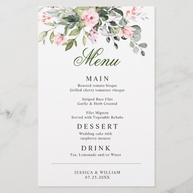 Menu Janto de Casamento de Rosas Blush Eucalyptus  (Frente)