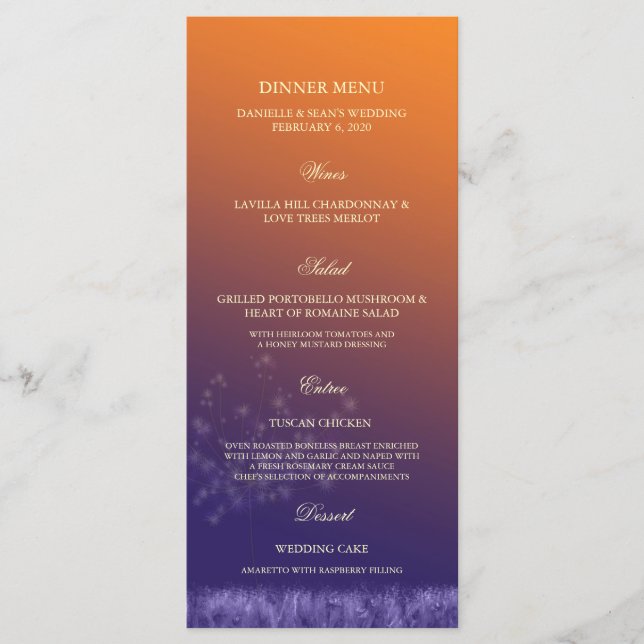 Menu Janto de Casamento de Sunset Dandelions Ombre (Frente)