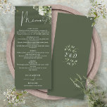 Menu Janto de Casamento do Monograma Floral Verde-Oliva<br><div class="desc">Este elegante verde-oliva botânico floral deixa o menu de casamento pode ser personalizado com sua informação em tipografia quic com suas iniciais de monograma no verso. Projetado por Thisnotme©</div>