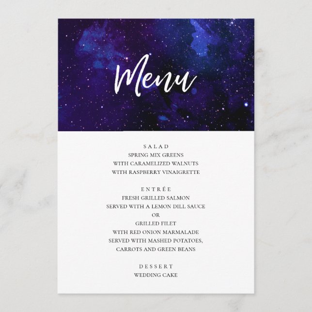 Menu Janto de casamento espacial. Estrelas noturnas. Ma (Frente)