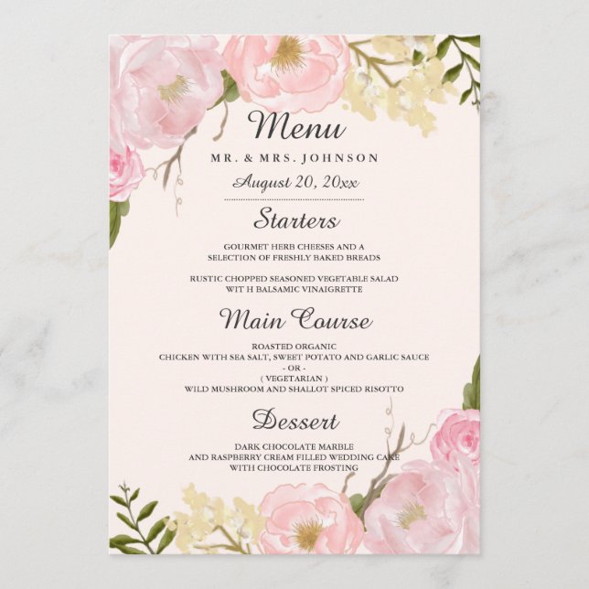 Menu Janto de Casamento Floral Botânico com Blush Rosa (Frente)