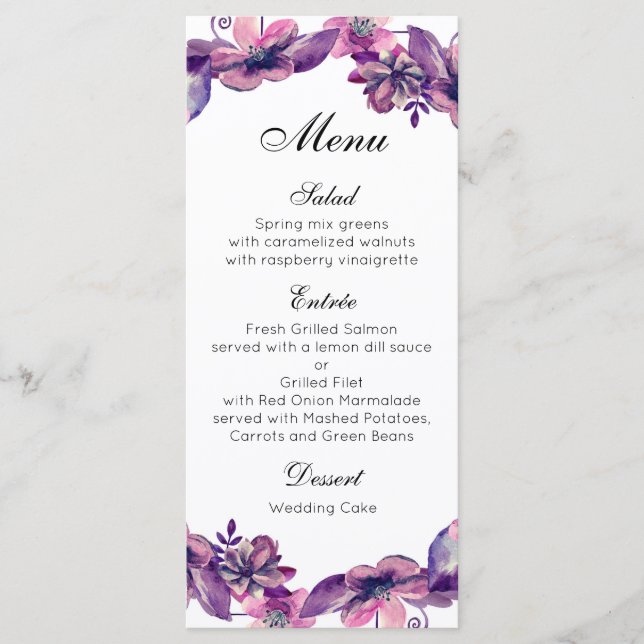Menu janto de casamento Floral Cartão de flor roxa (Frente)