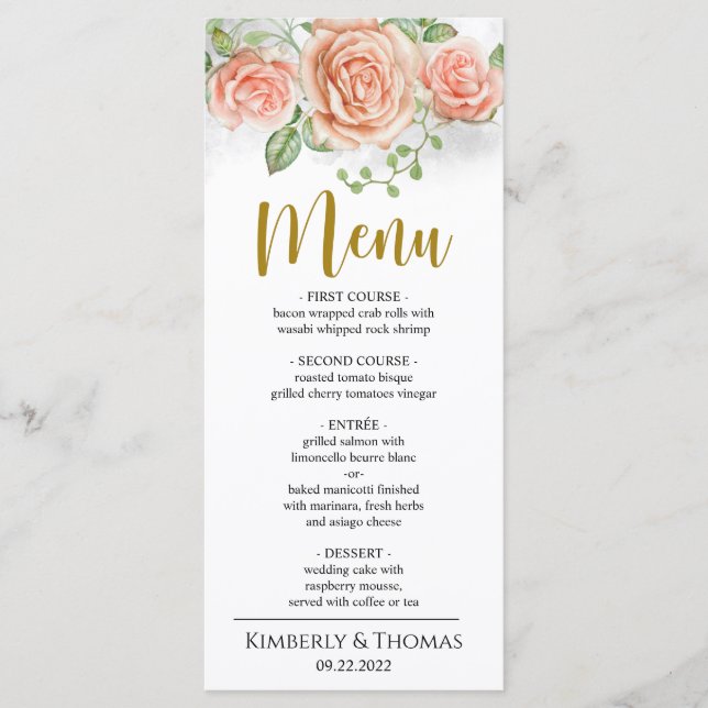 Menu Janto de Casamento Floral Cor-de-Leve-Blush (Frente)
