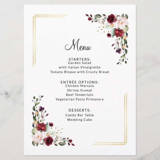 Menu Janto de Casamento Floral da Elegante Burgundy Gol (Frente)