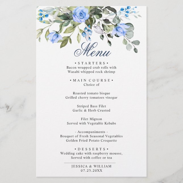 Menu Janto de Casamento Floral de Rosas Azuis Euca (Frente)