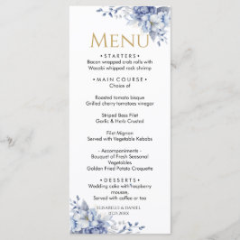 Menu Janto de Casamento Floral Dourado e Azul Elegante