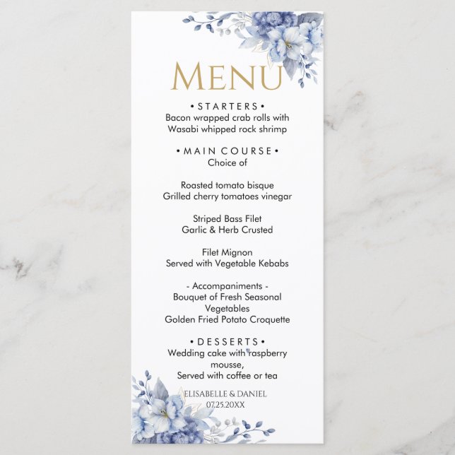 Menu Janto de Casamento Floral Dourado e Azul Elegante (Frente)