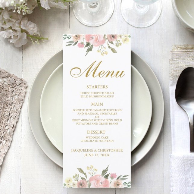 Menu Janto de Casamento Floral Dourado Elegante Pink (Criador carregado)